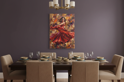 Flamenco dancer in a flowing red dress vibrant canvas wall art in an elegant dining room with aubergine feature wall - Portugal Canvas Co