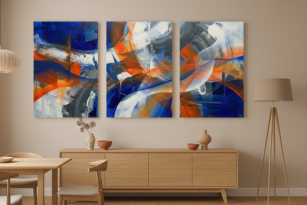 Blue orange abstract brushstroke triptych canvas wall art displayed on sandy beige wall above oak sideboard in warm contemporary dining room - Portugal Canvas Co