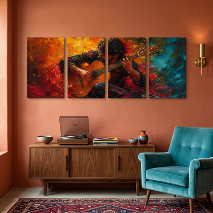 Four-panel guitarist canvas artwork in a terracotta and turquoise music lounge - Portugal Canvas Co