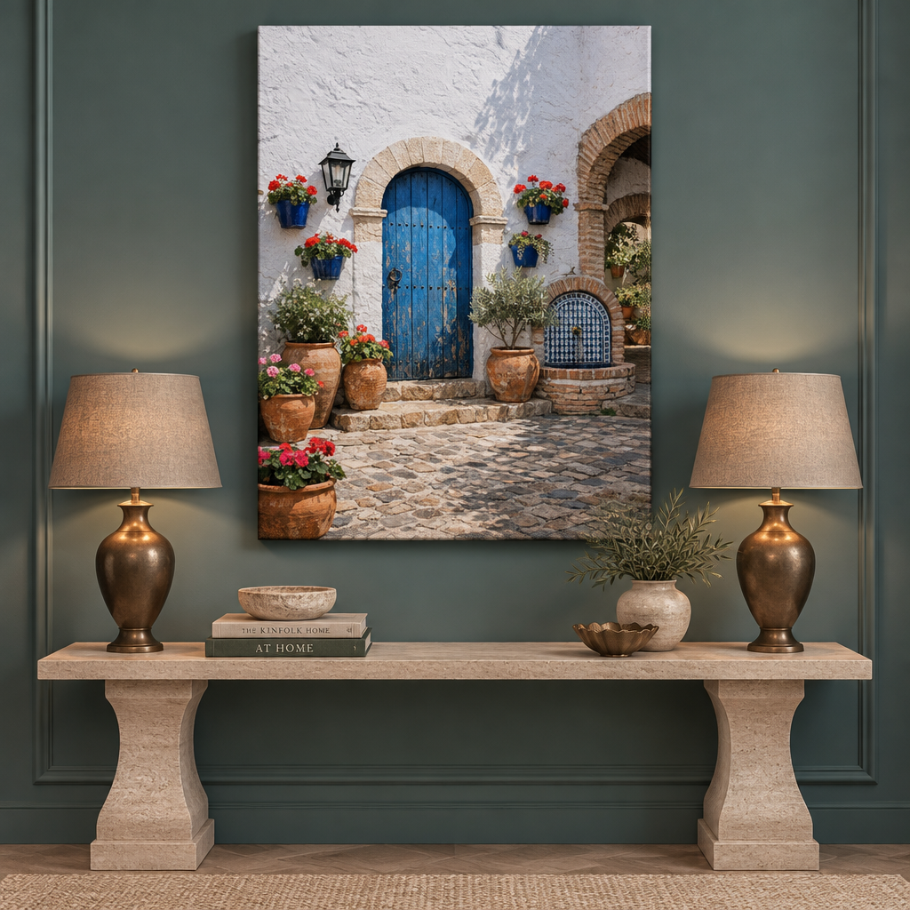 Mediterranean blue door courtyard portrait canvas above a stone console in a teal entryway - Portugal Canvas Co
