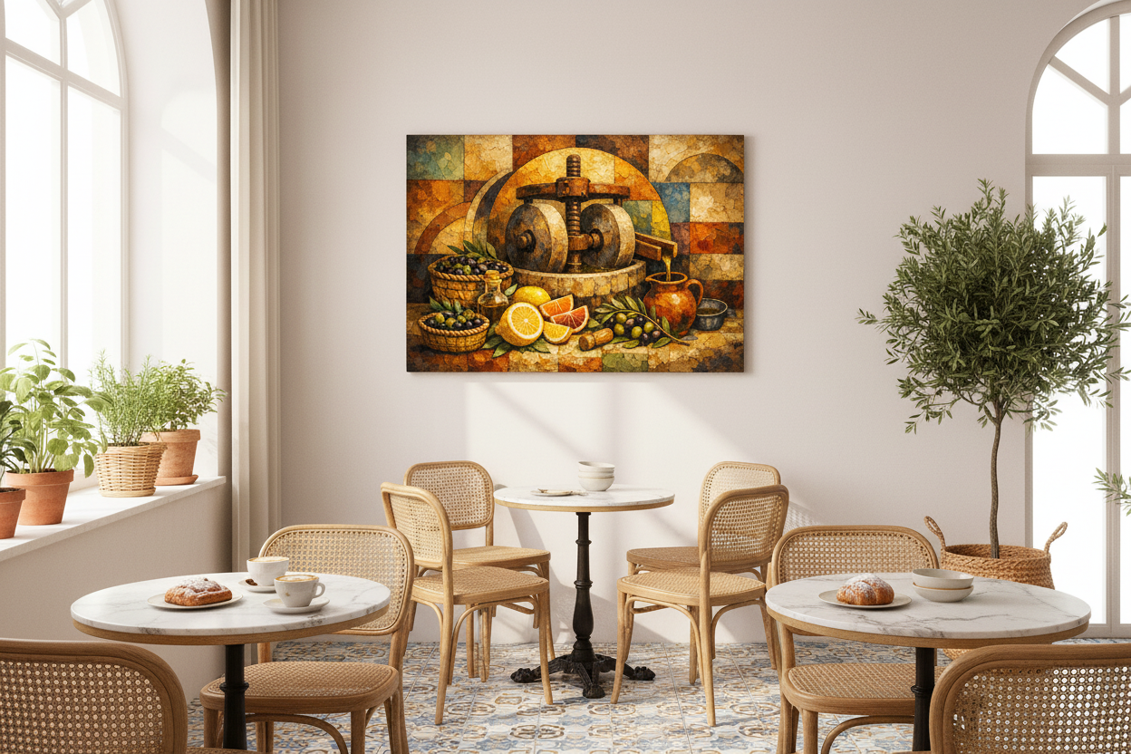 Olive oil press still life rustic Mediterranean canvas wall art displayed in a bright Mediterranean café interior - Portugal Canvas Co