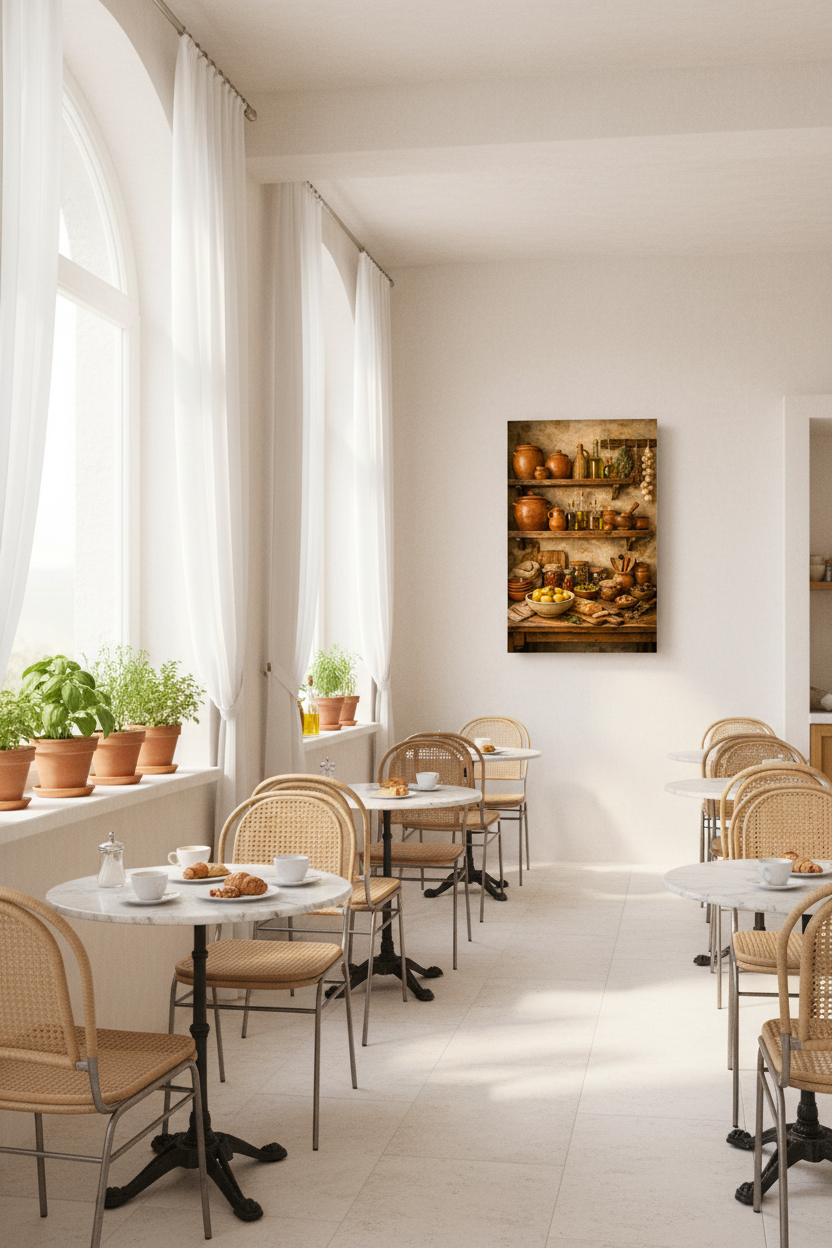 Mediterranean kitchen rustic pantry shelves canvas wall art displayed in a bright Mediterranean café interior - Portugal Canvas Co