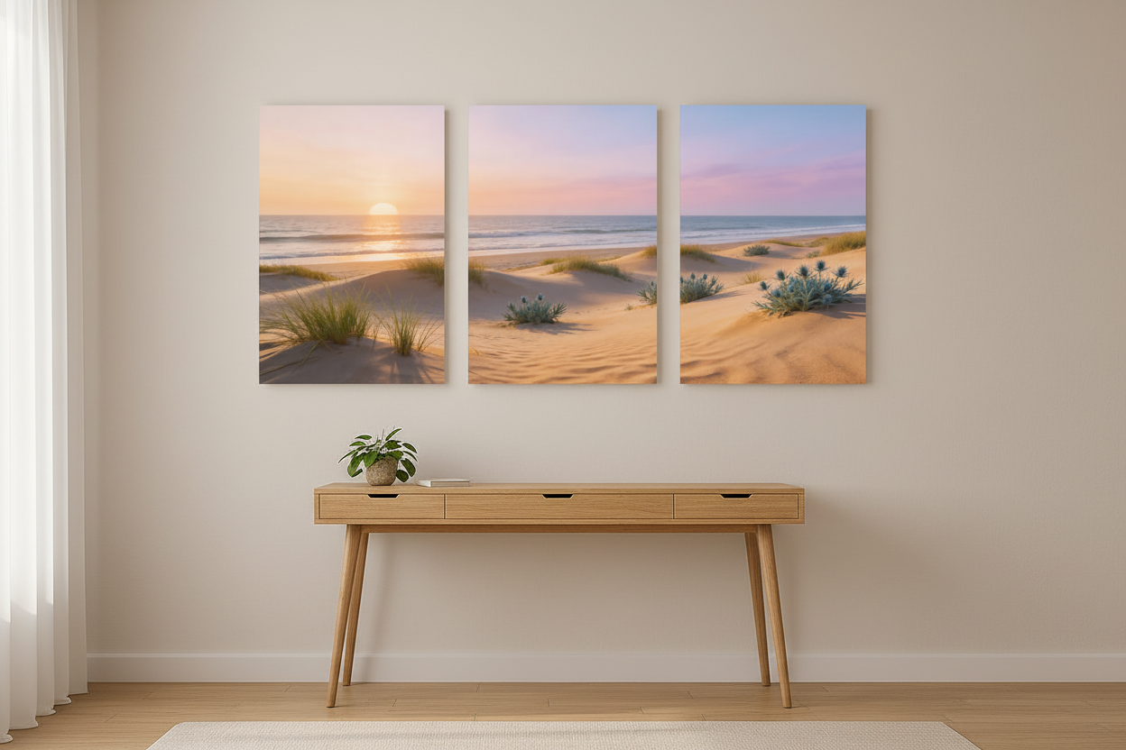 Portuguese beach sunset sand dunes triptych canvas set displayed above a wooden desk in a warm minimalist home study - Portugal Canvas Co