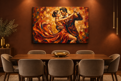 Orange and red tango couple canvas displayed in a refined dining room - Portugal Canvas Co