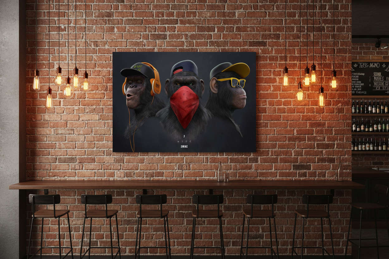 3 Wise Swag monkey canvas wall art displayed on the wall of a trendy urban bar with exposed brick walls and Edison bulb lighting - Portugal Canvas Co