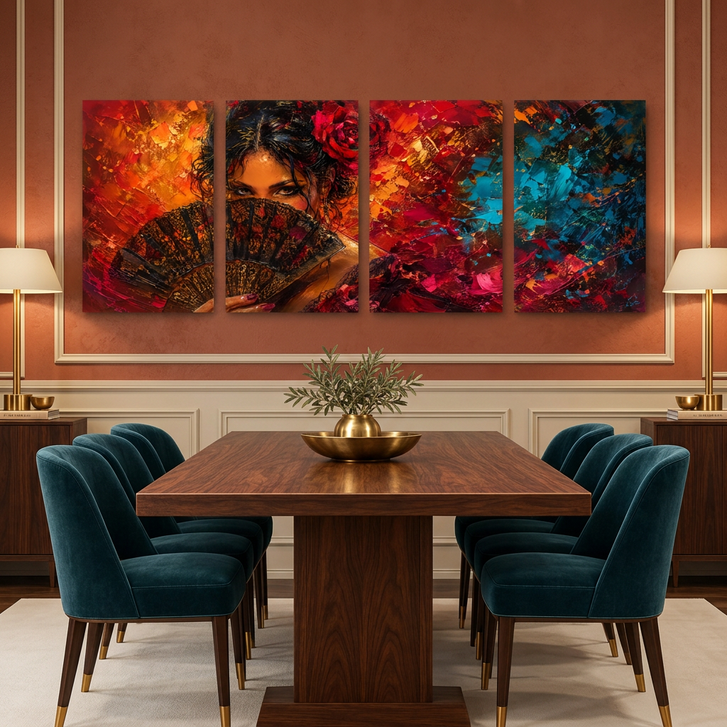 Four-panel woman with fan canvas artwork in a terracotta and ivory room - Portugal Canvas Co