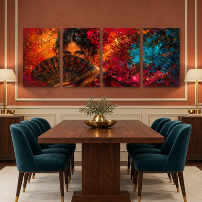 Four-panel woman with fan canvas artwork in a terracotta and ivory room - Portugal Canvas Co