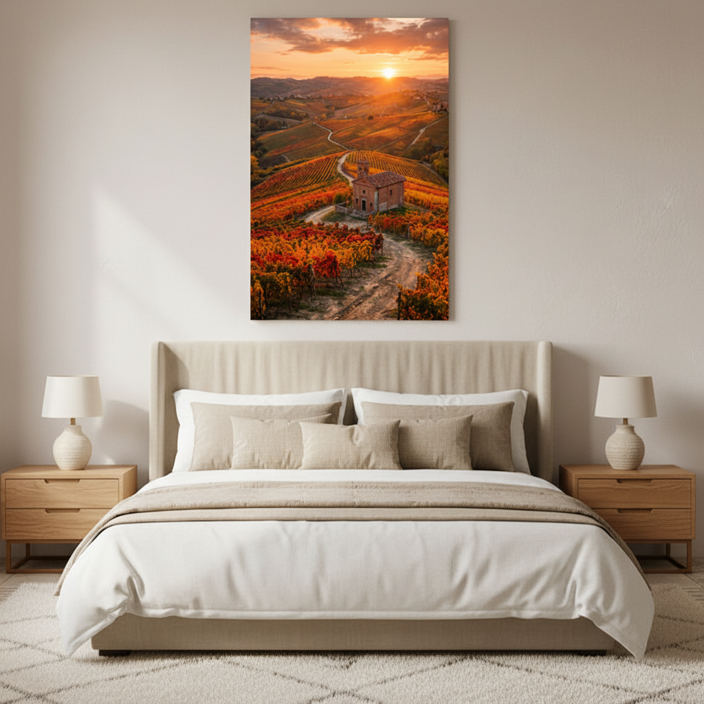 Mediterranean vineyard sunset golden countryside landscape canvas wall art displayed in bedroom interior - Portugal Canvas Co