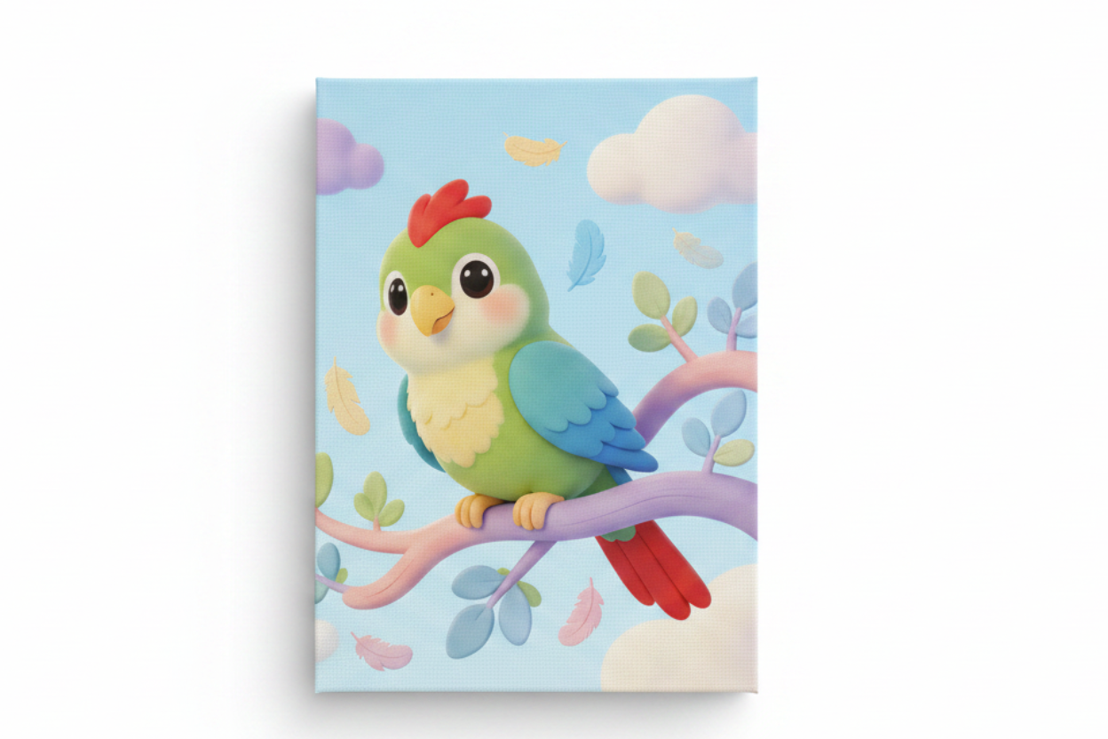 Cute parrot nursery canvas wall art flat lay on white background, overhead view, landscape format - Portugal Canvas Co