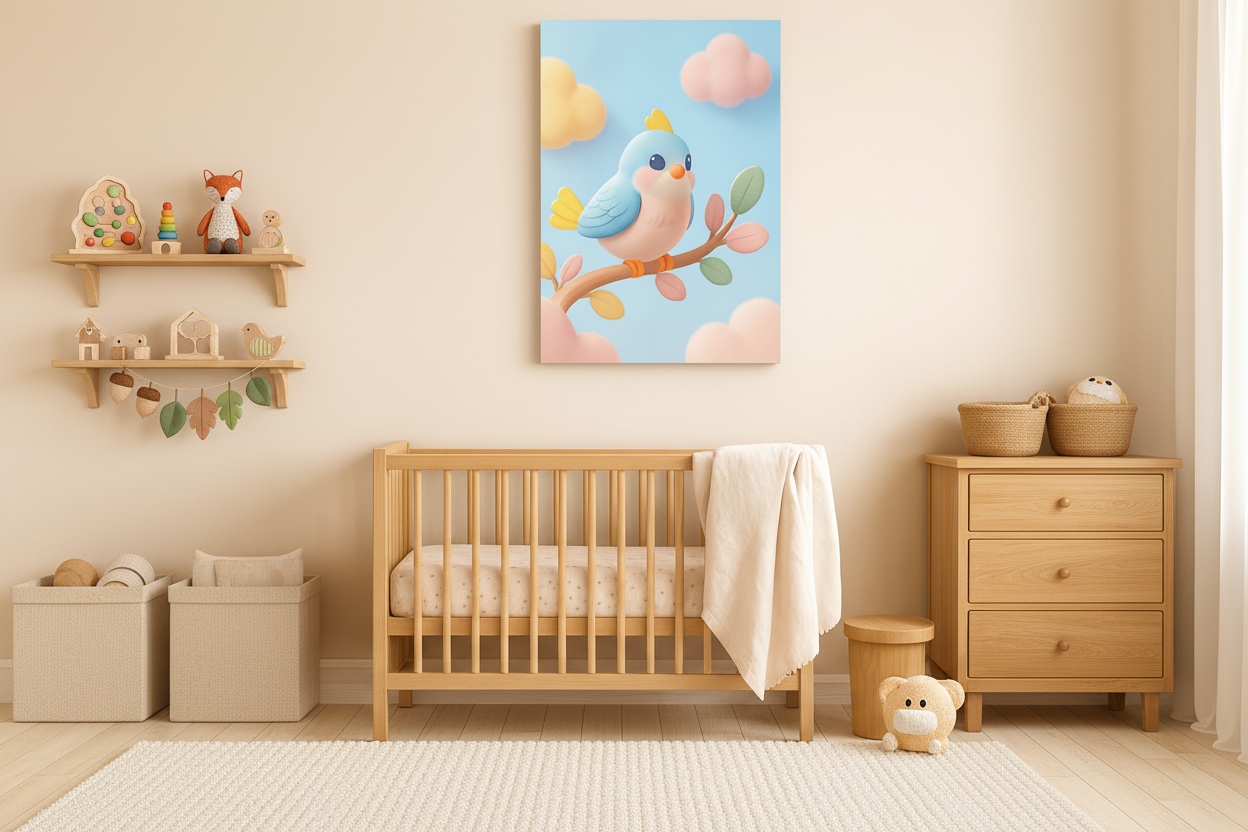 Blue bird on branch canvas wall art displayed in a bright children's bedroom with nature decor - Portugal Canvas Co