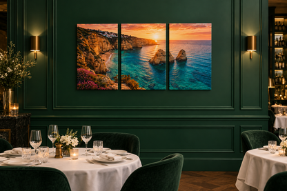 Algarve golden cliffs sunset triptych canvas on an emerald green wall in a fine dining restaurant - Portugal Canvas Co