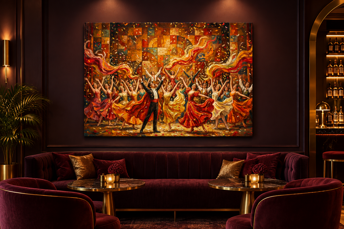 Colourful dance celebration canvas displayed in a sophisticated hotel cocktail lounge - Portugal Canvas Co