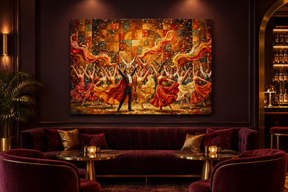 Colourful dance celebration canvas displayed in a sophisticated hotel cocktail lounge - Portugal Canvas Co