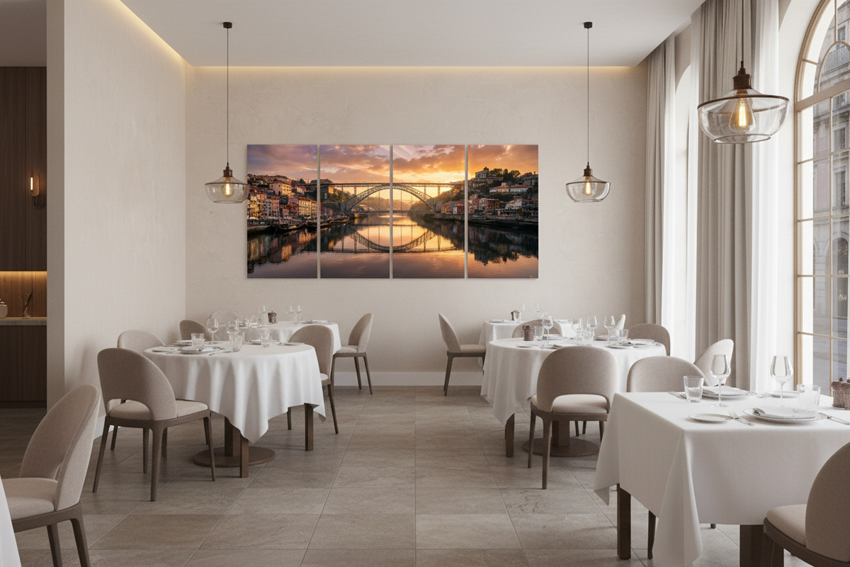 Porto bridge four-panel canvas in an upscale restaurant - Portugal Canvas Co