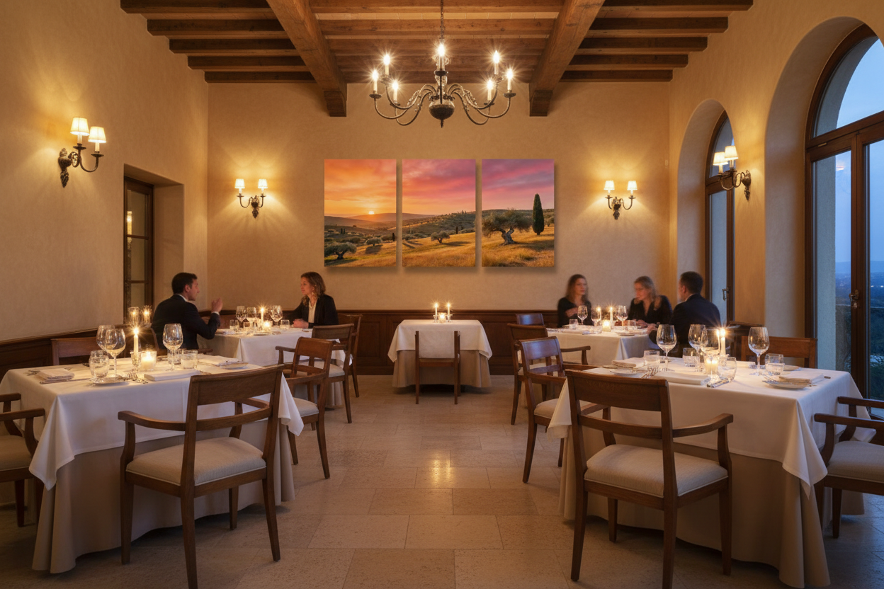 Mediterranean golden sunset olive grove triptych canvas wall art on wall of luxury restaurant dining room - Portugal Canvas Co