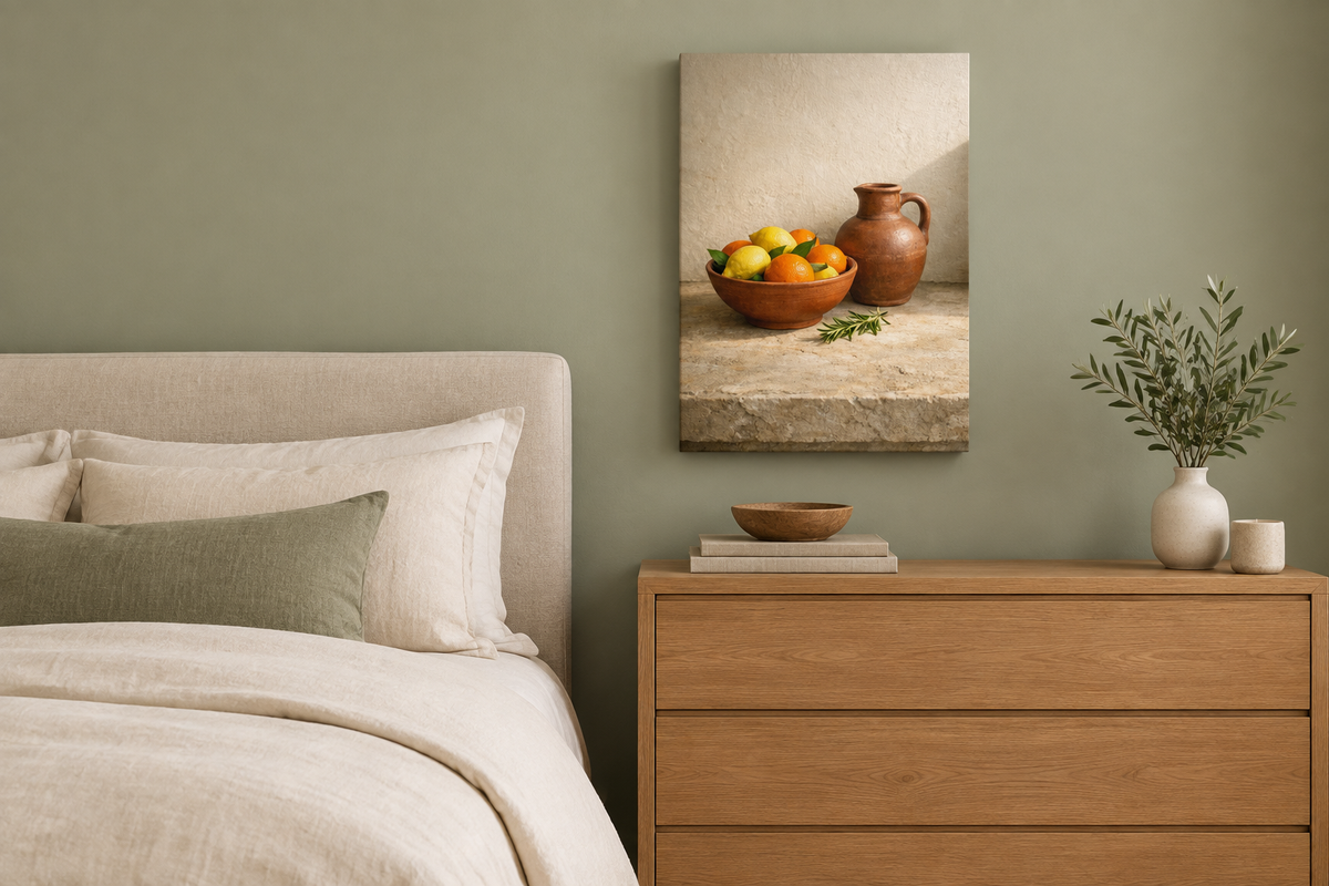 Citrus bowl and terracotta jug still life canvas displayed in a sage green bedroom - Portugal Canvas Co