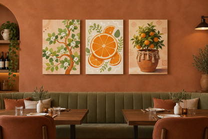 Three-piece orange citrus canvas set above an olive-green banquette in a terracotta restaurant - Portugal Canvas Co