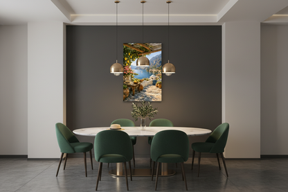 Mediterranean lemon terrace canvas print hung on a dark charcoal accent wall in a sophisticated dining room with warm pendant lighting - Portugal Canvas Co