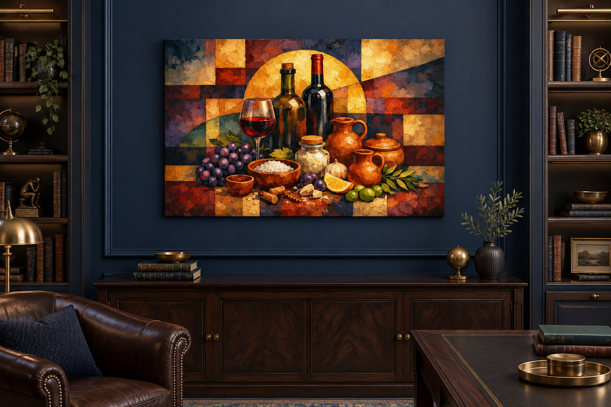 Grapes and wine harvest still life gallery-wrapped canvas in a midnight-blue study - Portugal Canvas Co