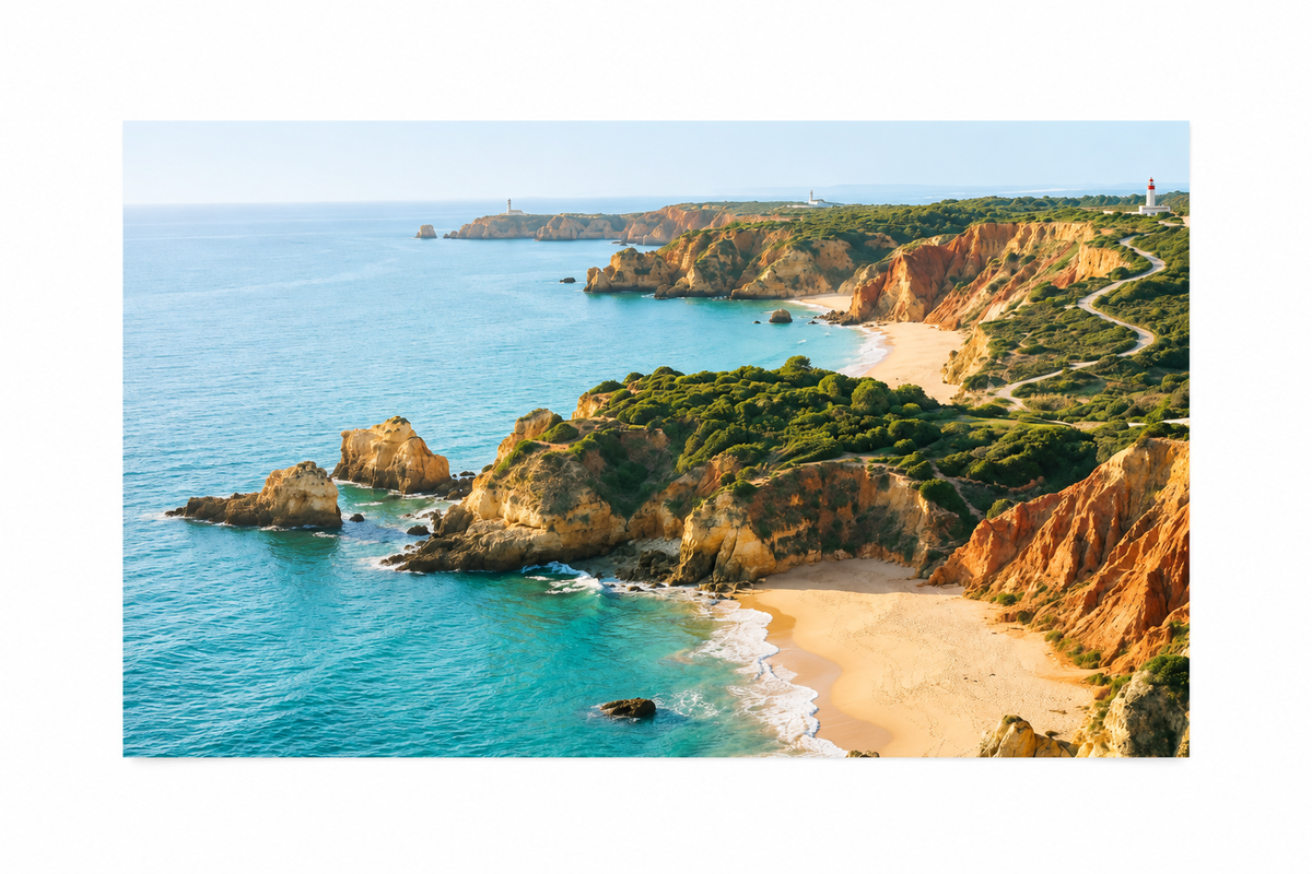 Praia do Alemão Algarve sandy cove, golden cliffs and turquoise sea landscape canvas flat lay on pure white background - Portugal Canvas Co
