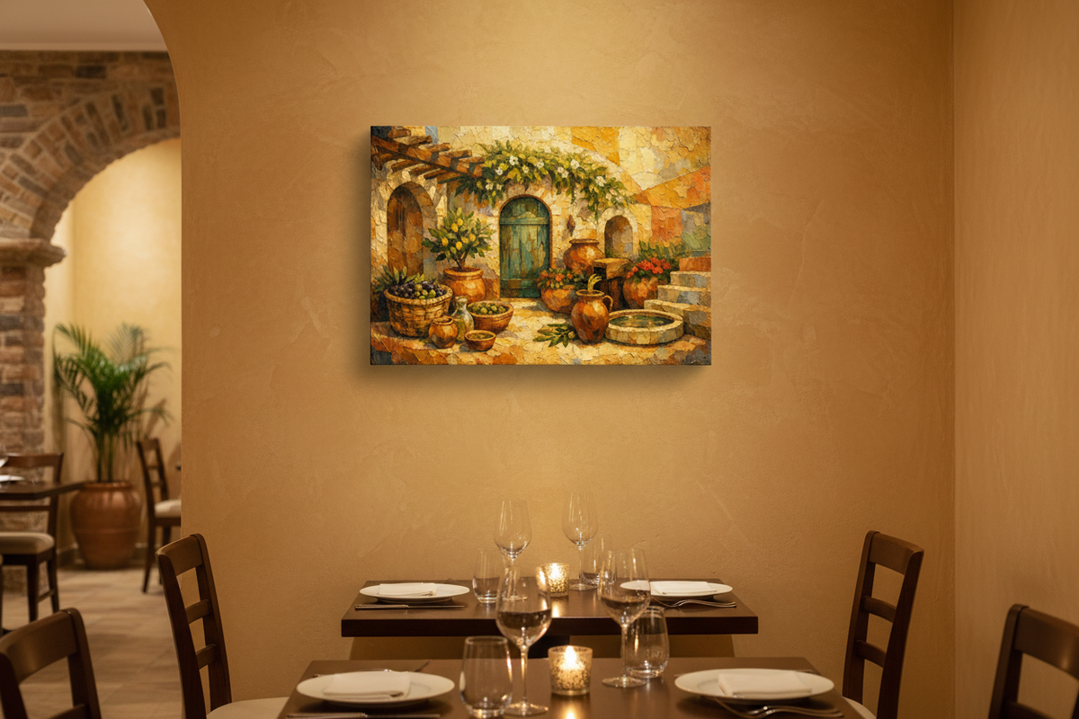 Mediterranean courtyard still life canvas wall art displayed in an upscale Mediterranean restaurant with warm plastered wall and candlelight - Portugal Canvas Co