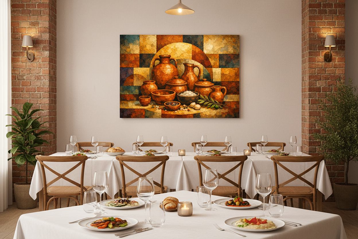 Terracotta ceramic pottery cubist still life canvas wall art displayed in an upscale restaurant dining room - Portugal Canvas Co