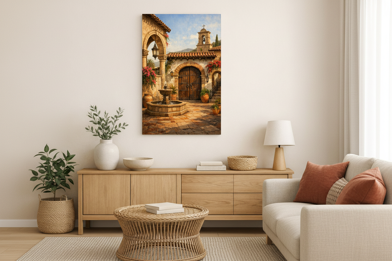 Mediterranean stone courtyard with rustic arch and fountain canvas wall art in boho living room with linen sofa and terracotta cushions - Portugal Canvas Co