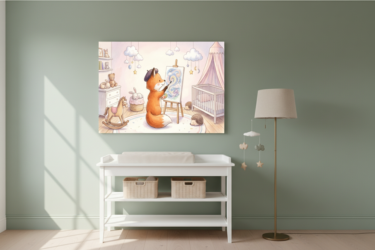 Whimsical fox artist nursery canvas print on sage green nursery wall above white changing table - Portugal Canvas Co