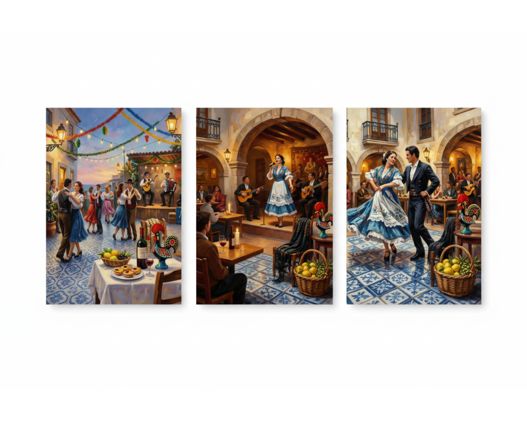 Portuguese festive cultural celebration triptych canvas wall art set flat lay on white background - Portugal Canvas Co