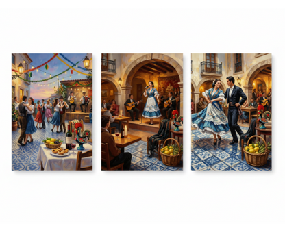 Portuguese festive cultural celebration triptych canvas wall art set flat lay on white background - Portugal Canvas Co