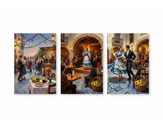 Portuguese festive cultural celebration triptych canvas wall art set flat lay on white background - Portugal Canvas Co