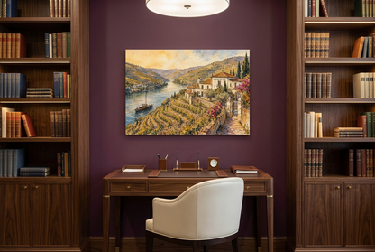 Douro Valley vineyard and river canvas above a writing desk in a plum library - Portugal Canvas Co