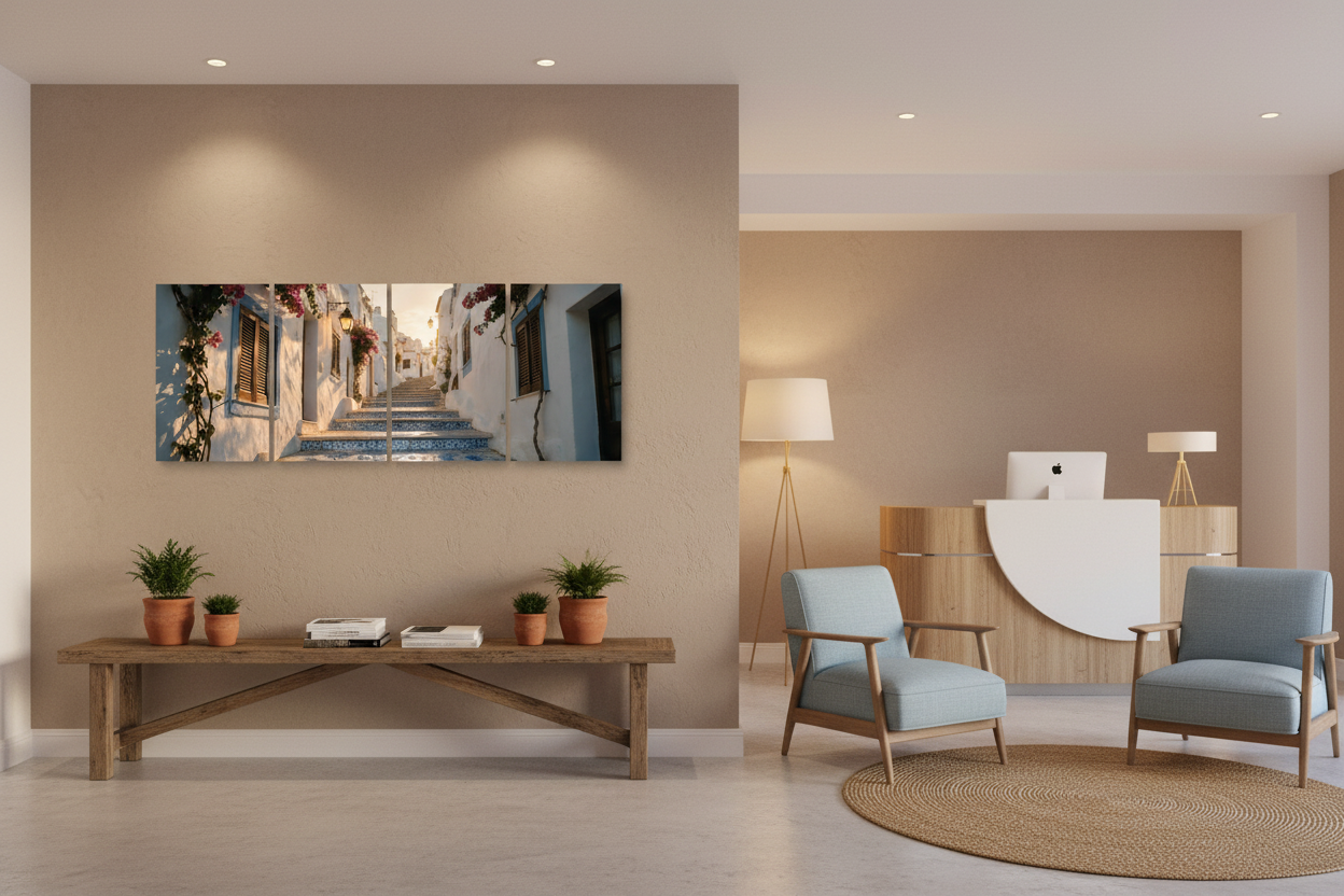 Four-panel Old Town Albufeira canvas wall art in a boutique hotel lobby with Portuguese coastal styling - Portugal Canvas Co