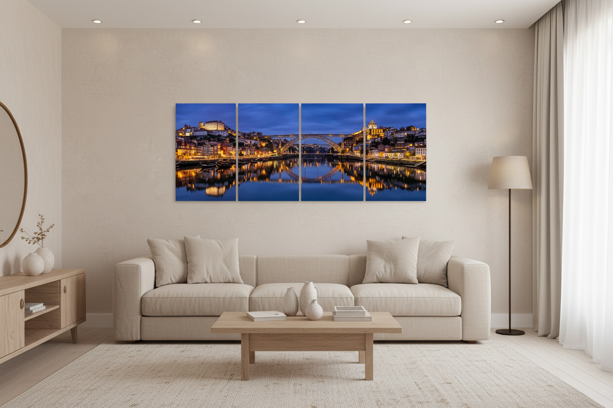 Porto Dom Luís I Bridge at night four-panel canvas wall art above a living room sofa - Portugal Canvas Co