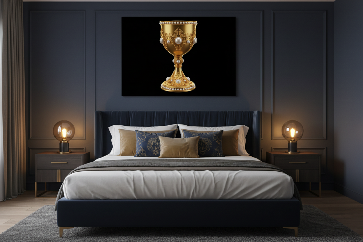 Golden Holy Grail chalice canvas wall art displayed above the bed in a luxurious dark bedroom with charcoal walls and gold accent pillows - Portugal Canvas Co