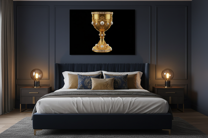 Golden Holy Grail chalice canvas wall art displayed above the bed in a luxurious dark bedroom with charcoal walls and gold accent pillows - Portugal Canvas Co