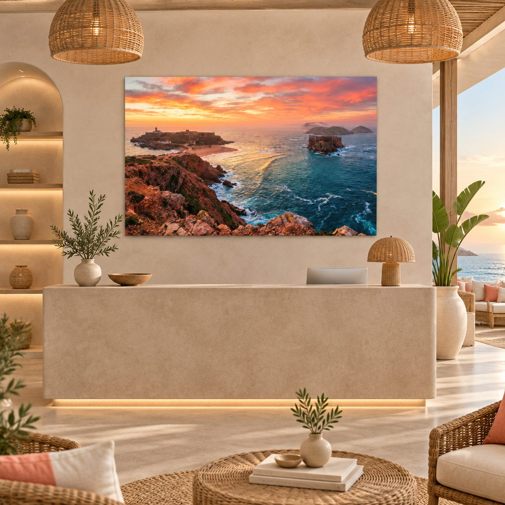Algarve coral sunset and rocky coast canvas in coastal beach club reception - Portugal Canvas Co