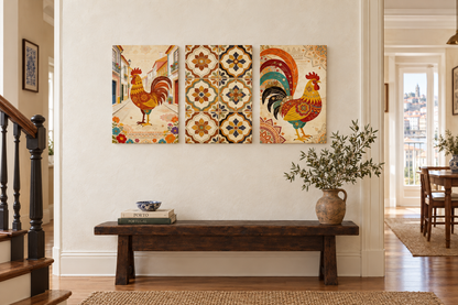 Portuguese rooster and tile three-panel canvas wall art in a cream Porto townhouse hallway - Portugal Canvas Co