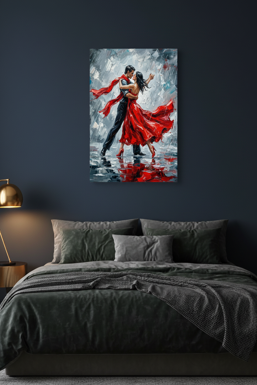 Tango couple red dress dancing in rain canvas wall art on a navy wall in a dramatic moody bedroom with gold lamp - Portugal Canvas Co
