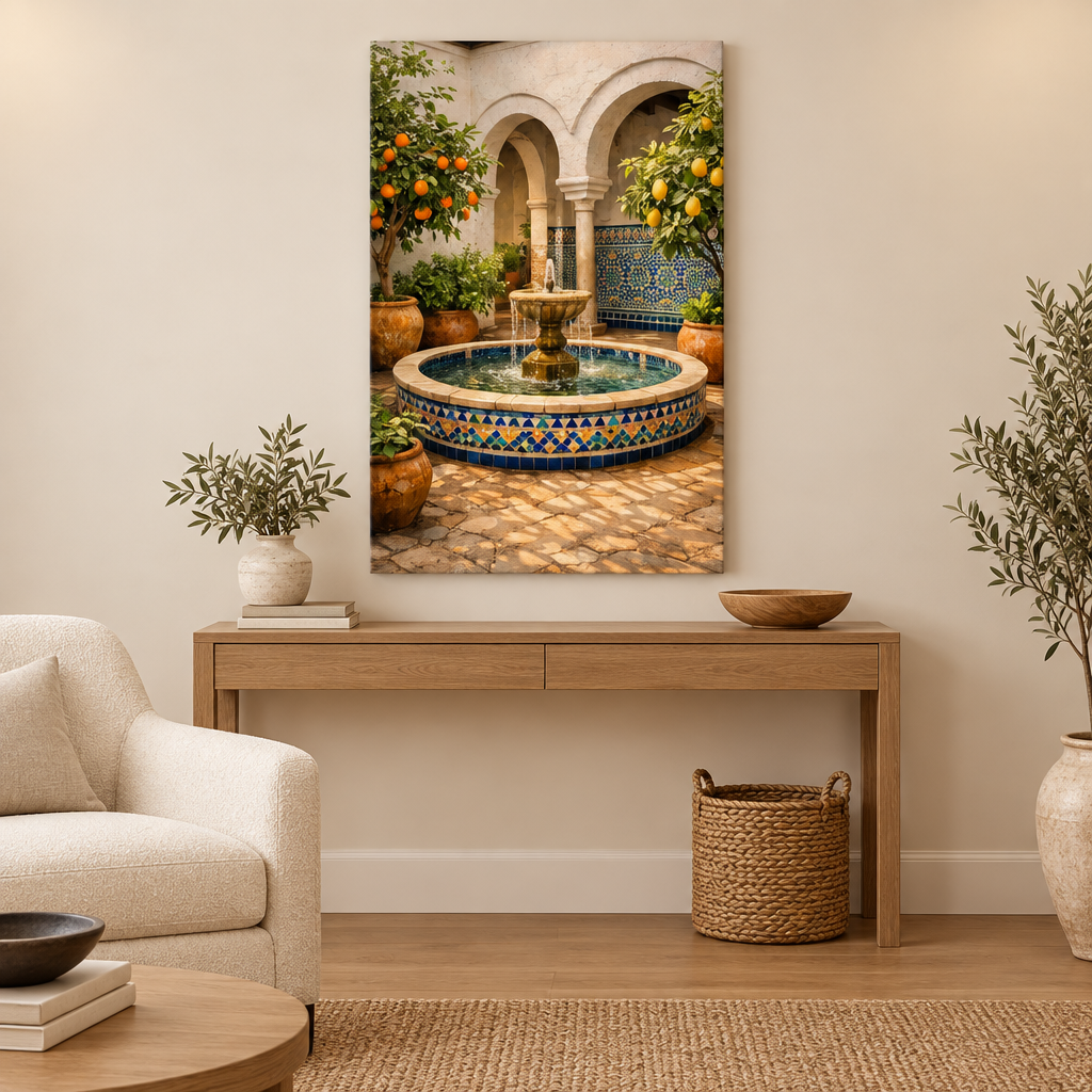 Andalusian courtyard mosaic fountain canvas with orange and lemon trees in a cream and oak living room - Portugal Canvas Co