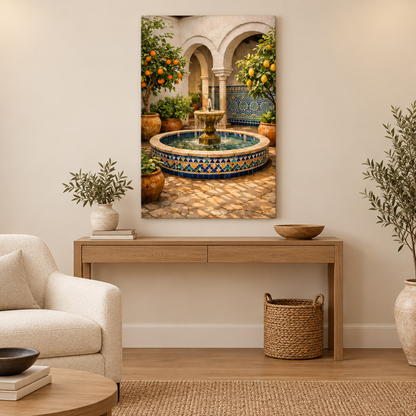 Andalusian courtyard mosaic fountain canvas with orange and lemon trees in a cream and oak living room - Portugal Canvas Co
