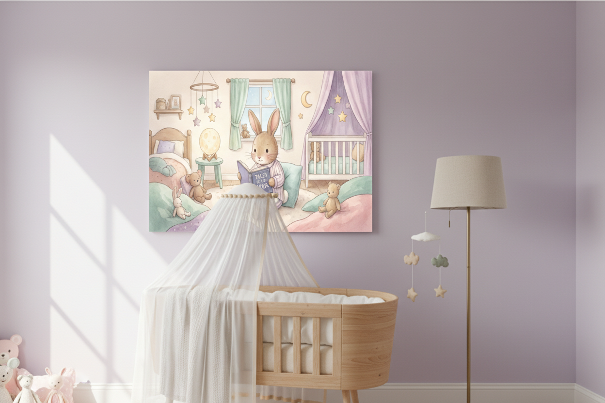 Whimsical bedtime rabbit reading nursery canvas wall art on a soft lavender wall above a wooden rocking bassinet with white canopy - Portugal Canvas Co