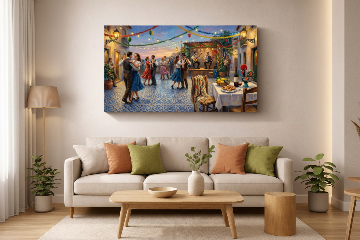 Portuguese festa dancing couples canvas wall art displayed as a statement piece in a modern living room - Portugal Canvas Co
