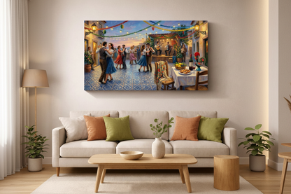 Portuguese festa dancing couples canvas wall art displayed as a statement piece in a modern living room - Portugal Canvas Co