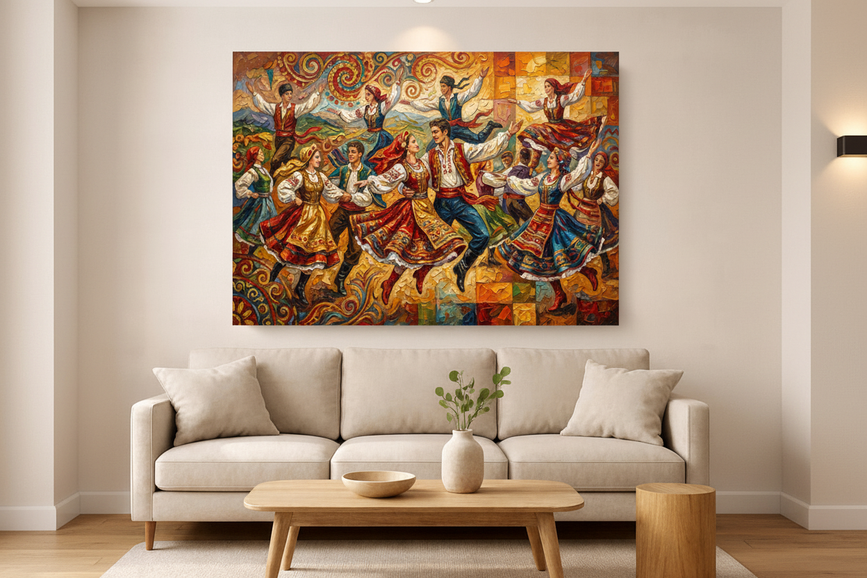 Colorful traditional folk dancers vibrant canvas wall art displayed in a boutique hotel lobby with elegant modern furniture - Portugal Canvas Co