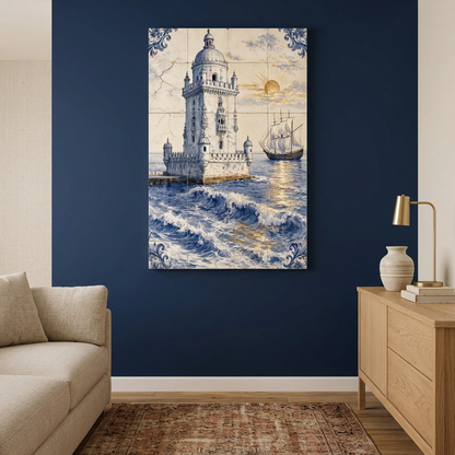 Belem Tower Portuguese azulejo-style canvas with ocean waves and sailing ship on a navy wall in a living room - Portugal Canvas Co