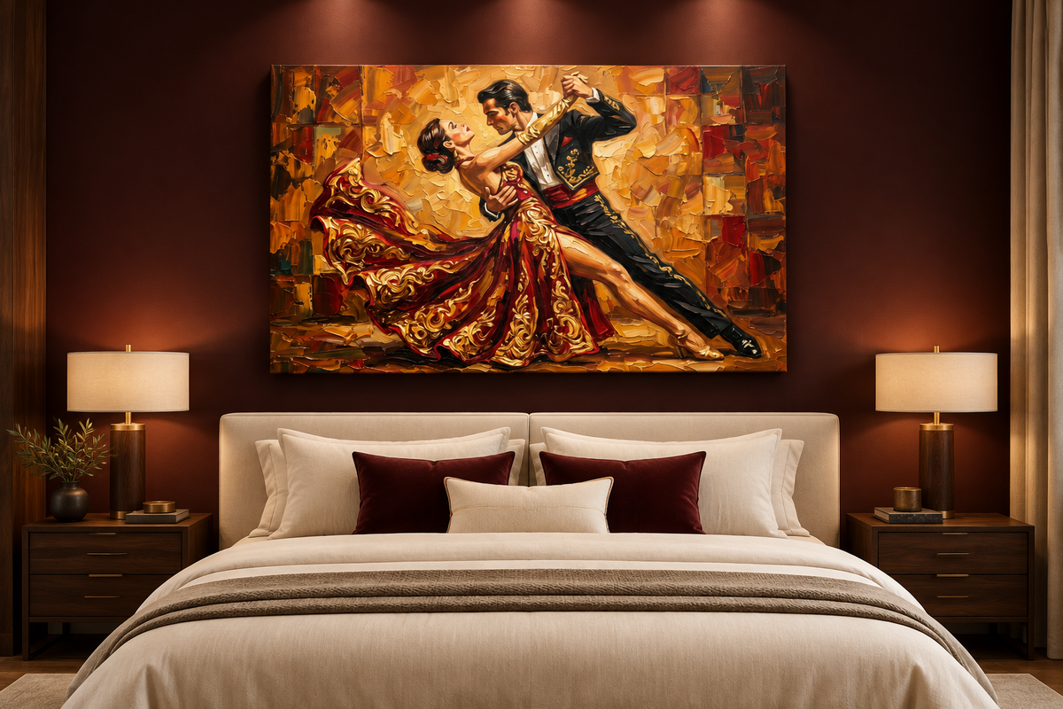 Ornate red and gold tango couple canvas displayed in an elegant modern bedroom - Portugal Canvas Co