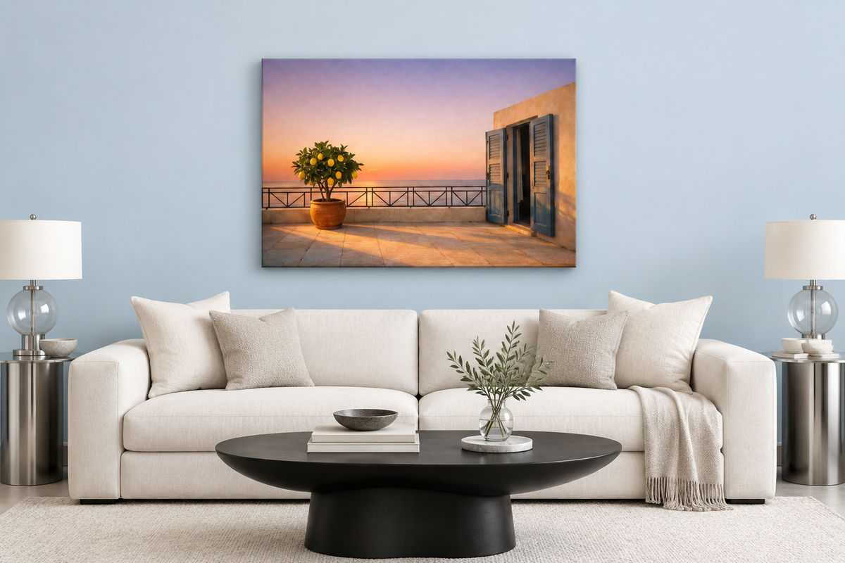 Lemon tree sunset terrace canvas on a powder-blue wall above an ivory sofa - Portugal Canvas Co