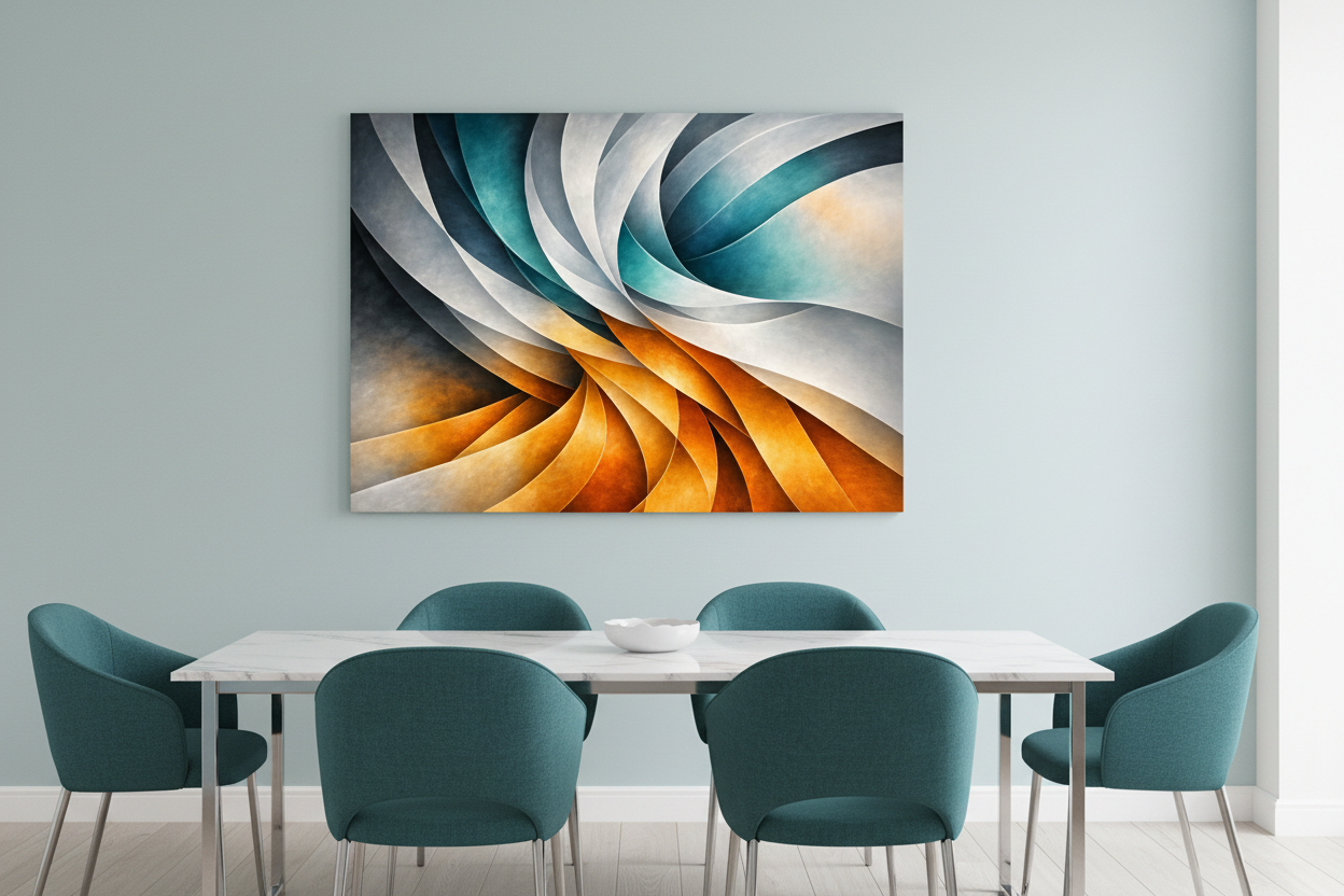 Vibrant swirl abstract canvas wall art displayed on duck egg blue wall above marble dining table in bright contemporary dining room - Portugal Canvas Co