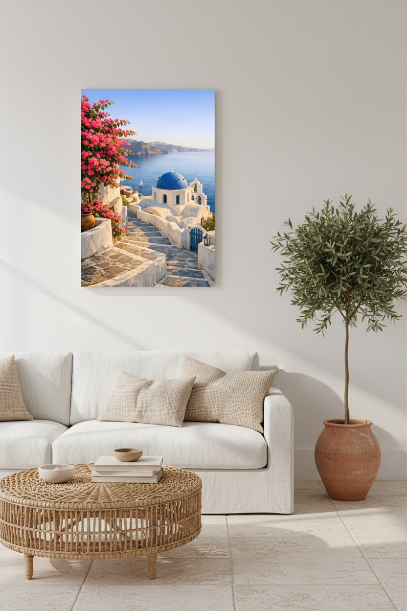 Santorini blue dome church canvas wall art with whitewashed architecture displayed in a bright minimalist living room with white linen sofa and rattan coffee table - Portugal Canvas Co